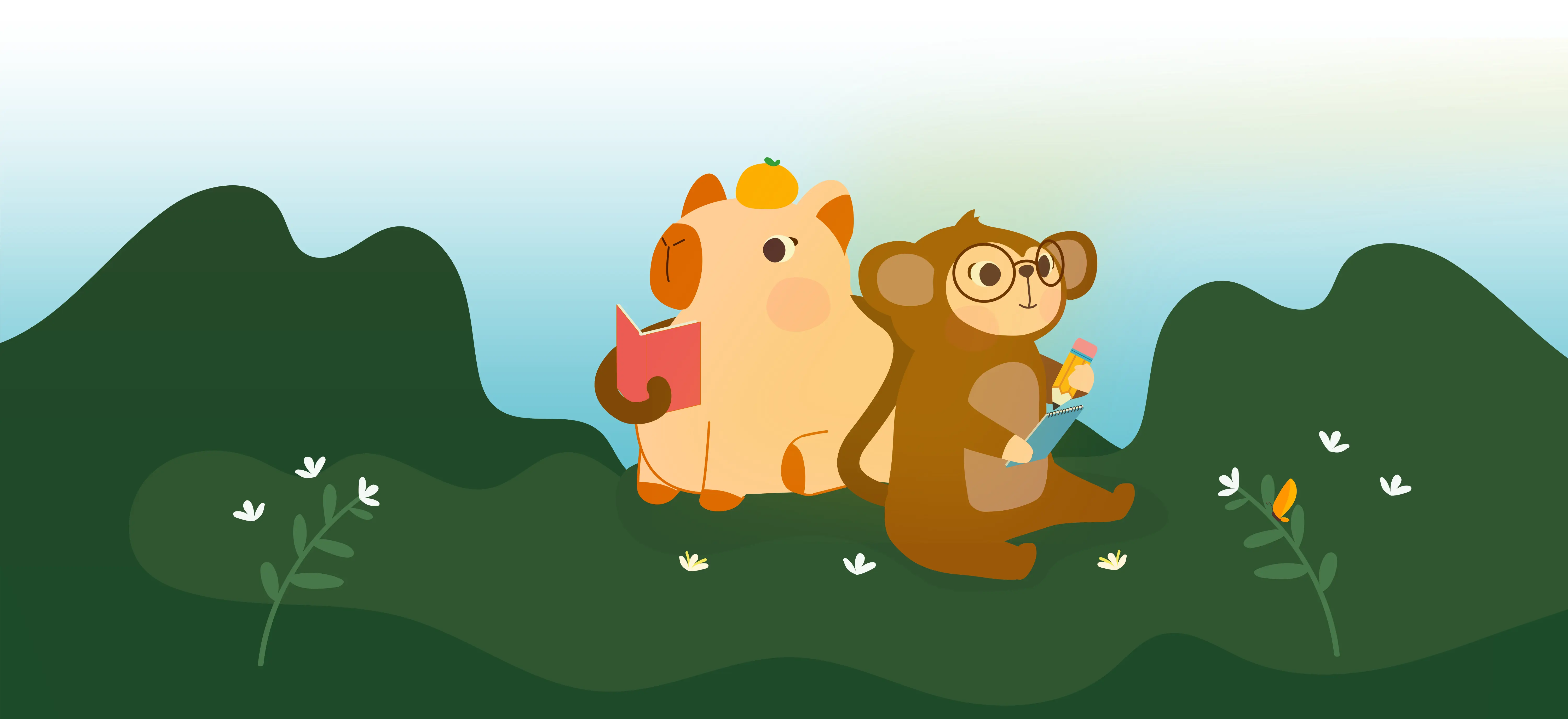 Jungle's capybara and monkey studying together