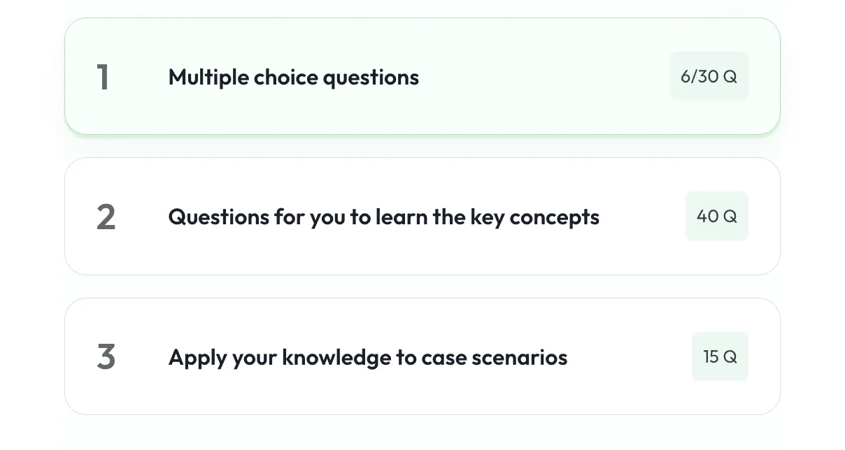 Vista de recursos de aprendizagem com questões de múltipla escolha, questões de caso e questões de resposta livre